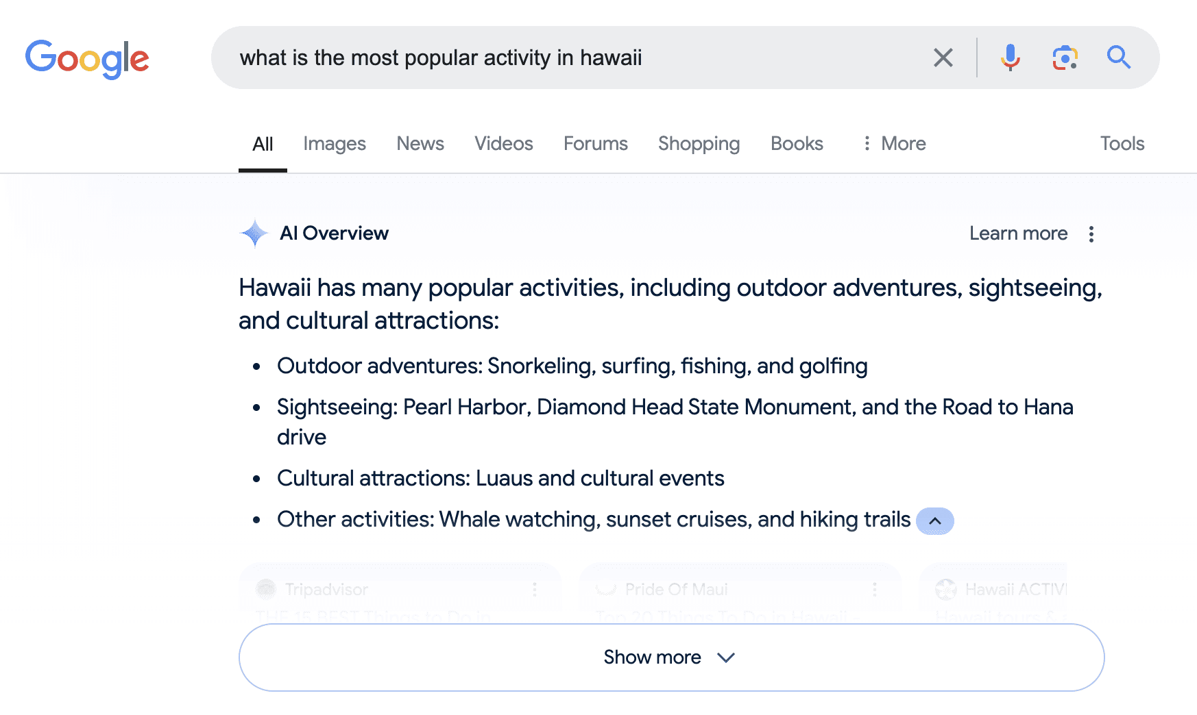 An example of how Google AI Overview answers a question about popular activities in Hawaii