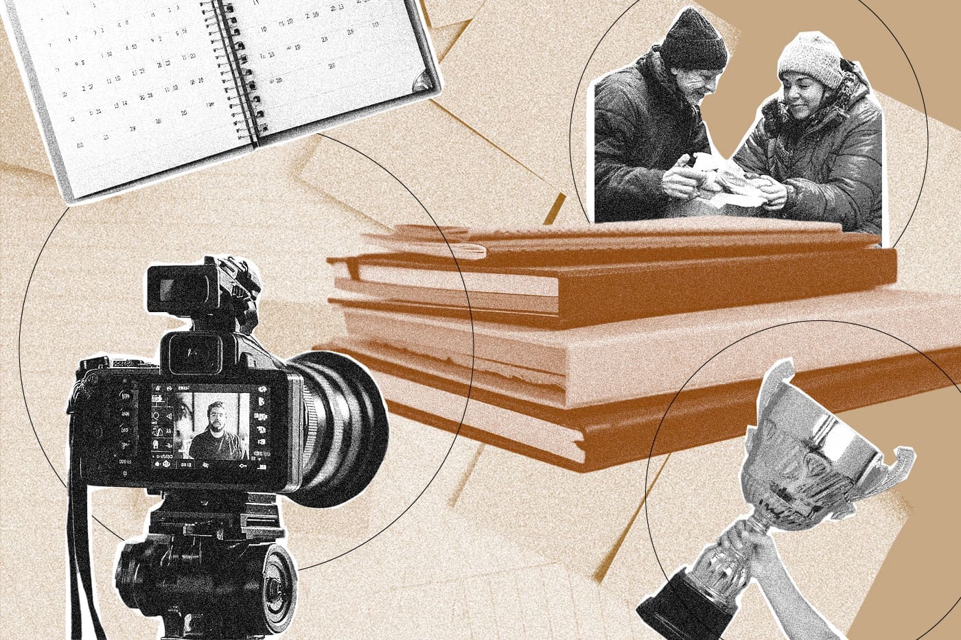 A collection of graphics including a camera, a person, books, and a calendar illustrating storytelling.