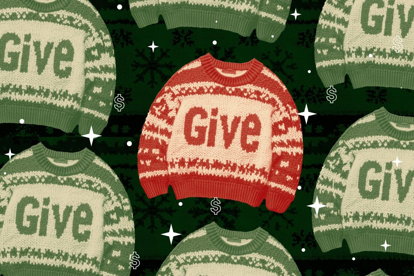 A graphic with ugly Christmas sweaters saying GIVE, several green and one red in the middle.