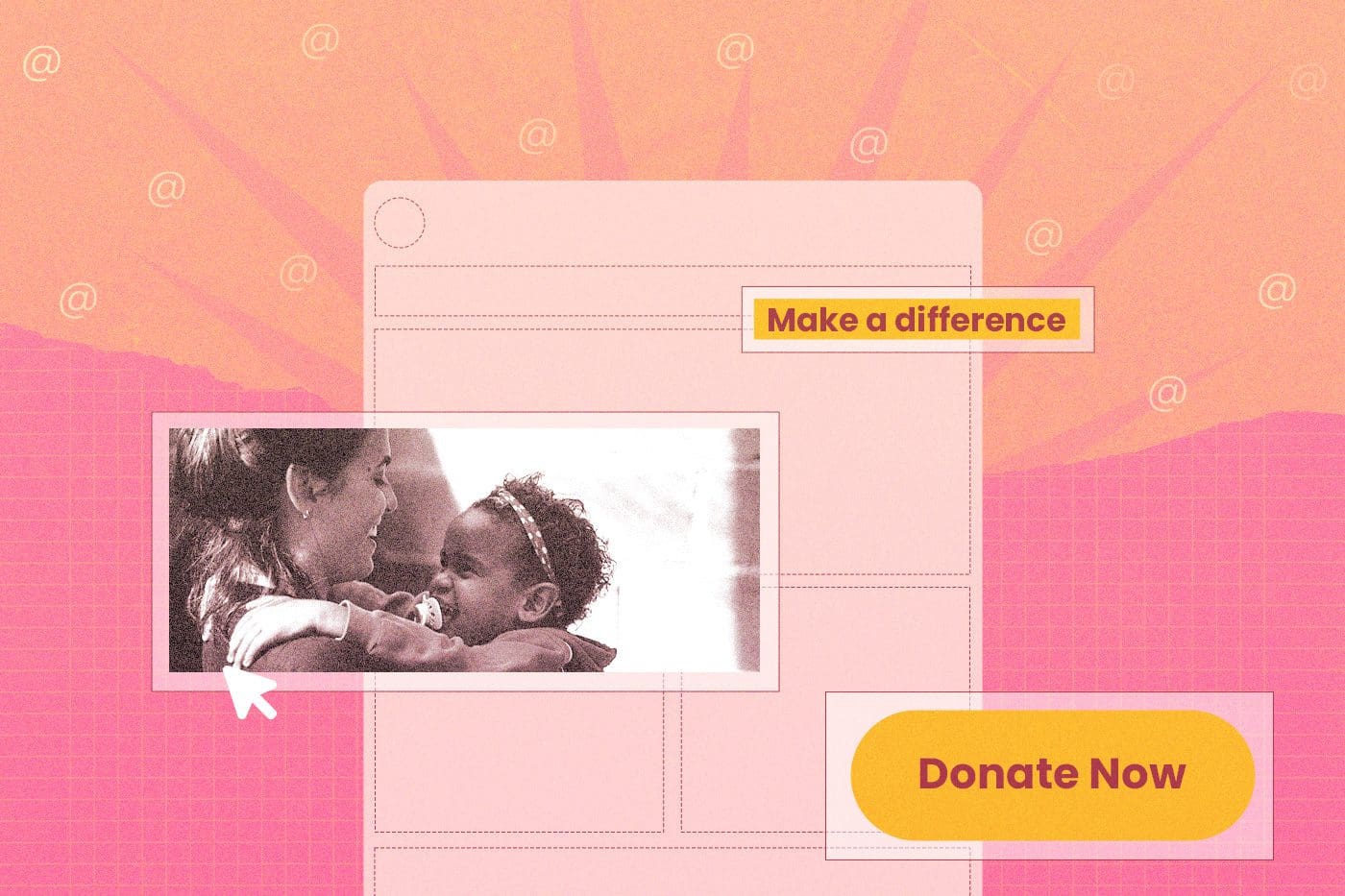 A pink graphic with a collection of items including a mother hugging her daughter and a donate now button.