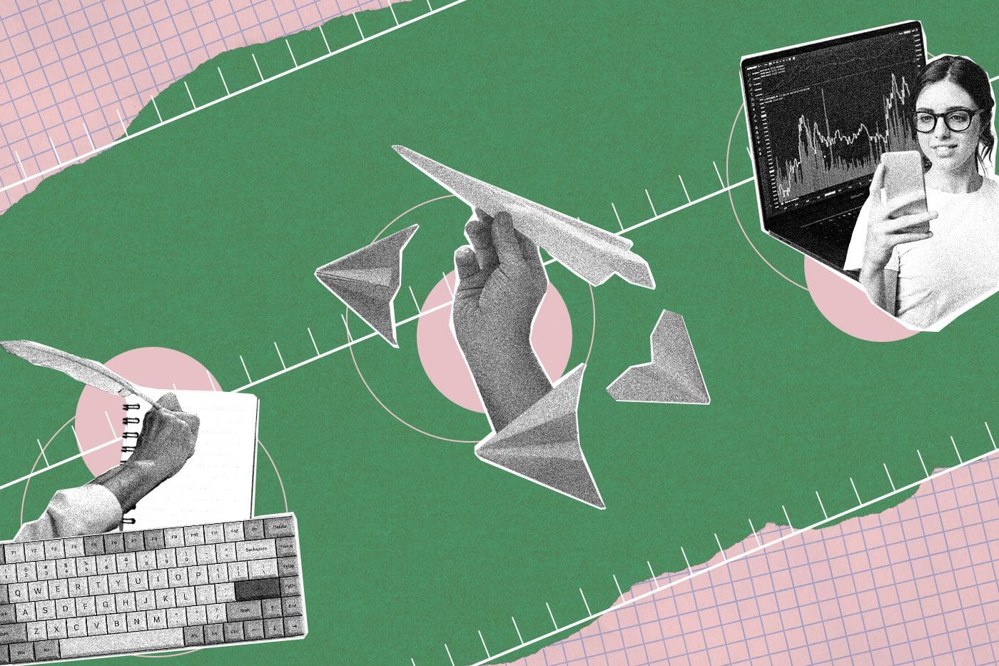 A collage of a computer keyboard, a hand writing in a notebook, data charts, and paper airplanes to signify measuring content strategy roi.