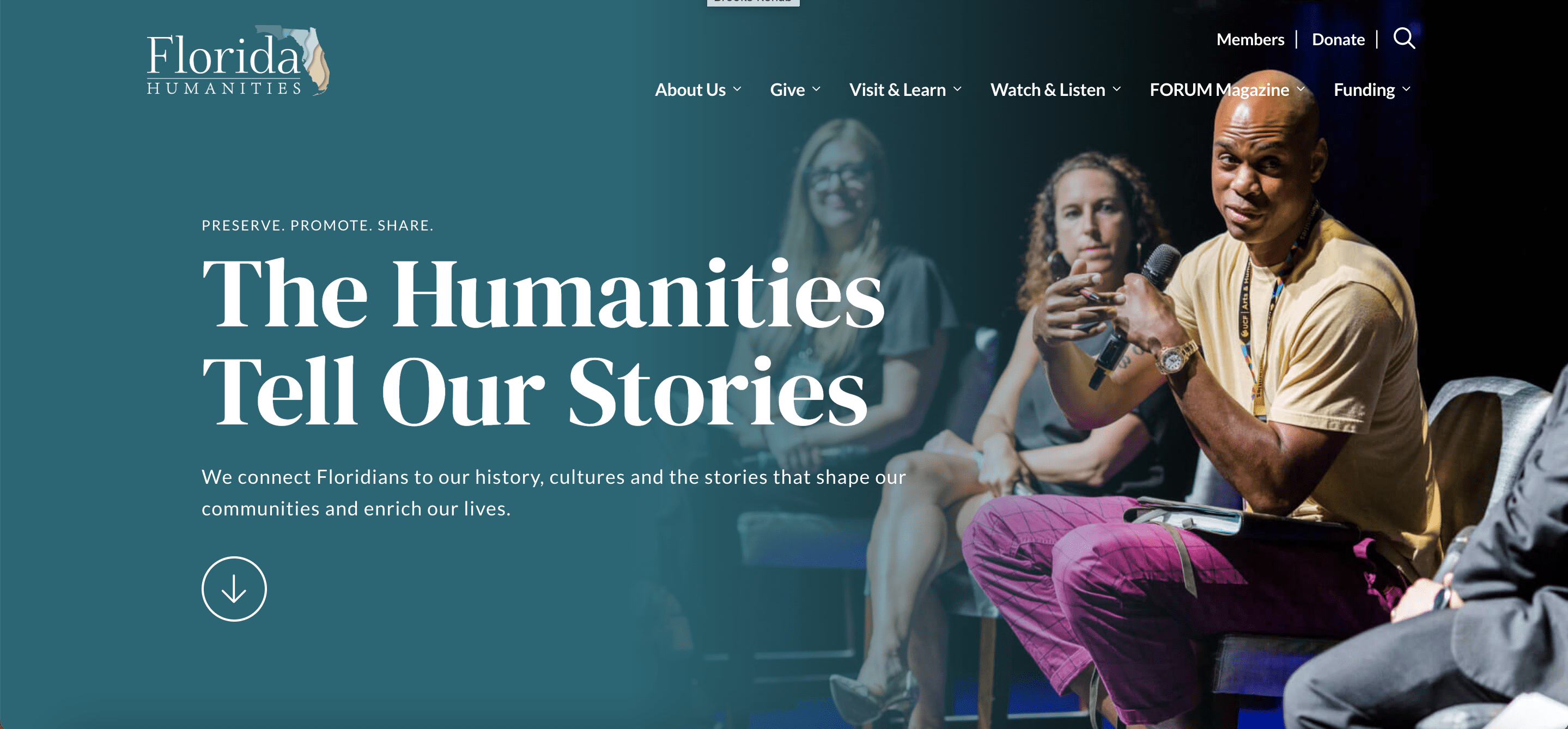 Homepage of the Florida Humanities website with a man speaking and a headline saying 'The Humanities Tell Our Stories'.