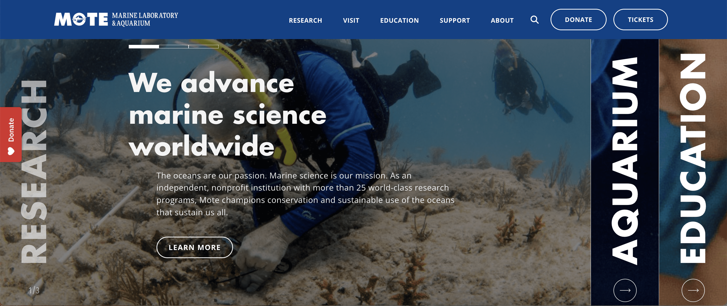 Image of the homepage of MOTE featuring scuba divers, the text 'We advance marine science worldwide,' and a 'Donate' button.