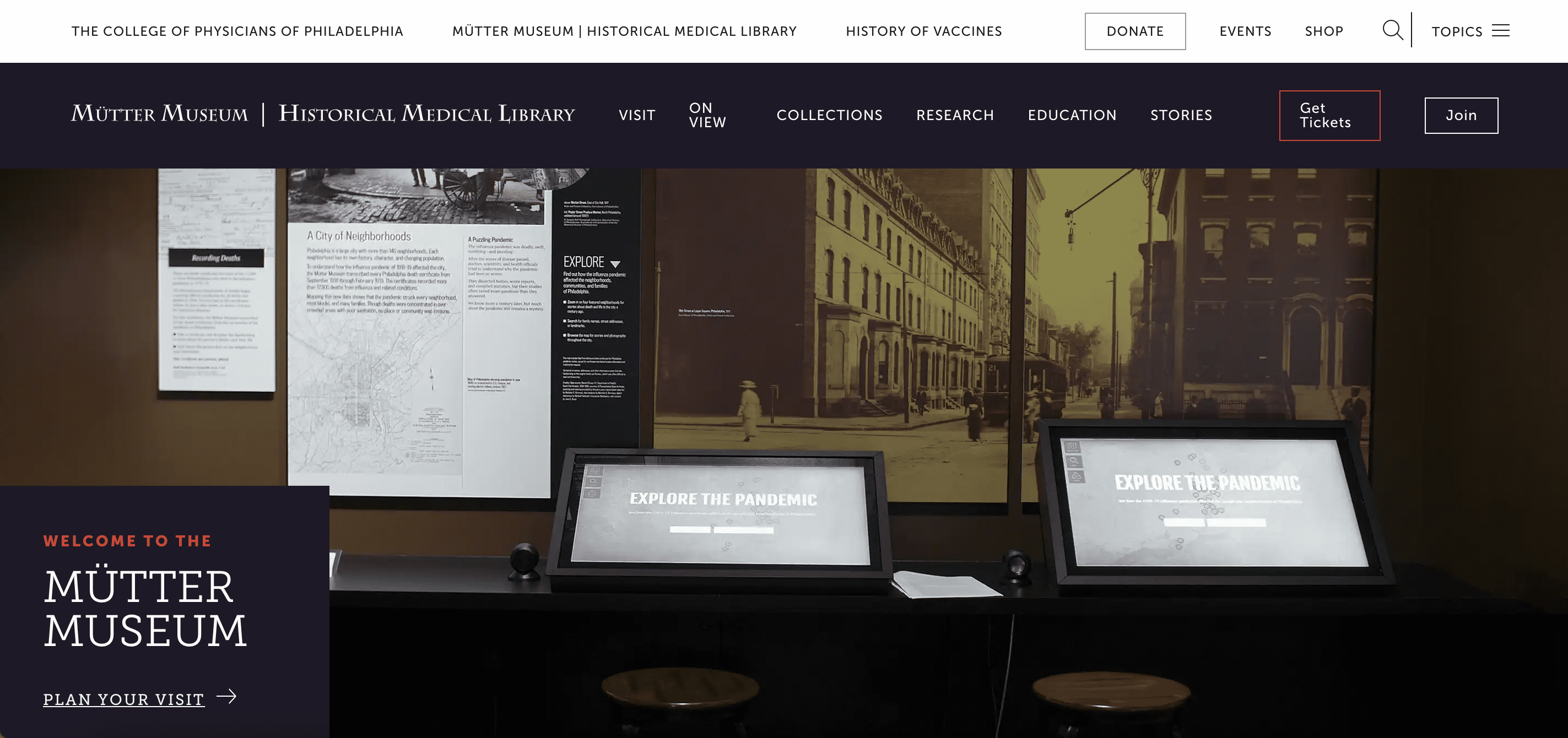 The image is a screenshot of the homepage of The Mütter Museum