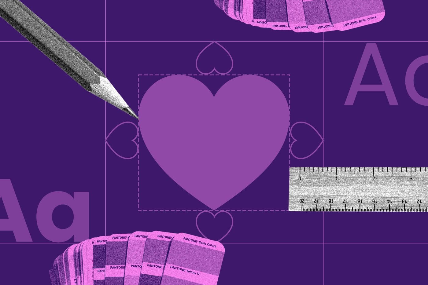 A graphic that is a collage of purple elements including a heart and paint swatches.