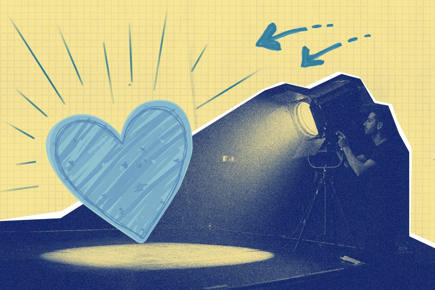 Stylized collage featuring a person adjusting a spotlight that shines on a blue, hand-drawn heart on a stage. The background is a yellow grid pattern with playful blue arrows and lines pointing toward the heart, emphasizing focus and attention.