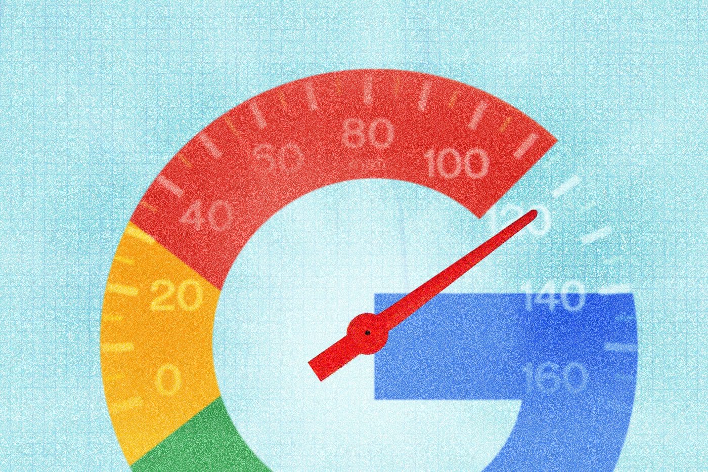 An illustration of a speedometer integrated with the Google 'G' logo. The speedometer has color-coded sections: green for lower speeds, yellow for moderate speeds, and red for higher speeds, with the needle pointing toward the upper range, indicating high performance.