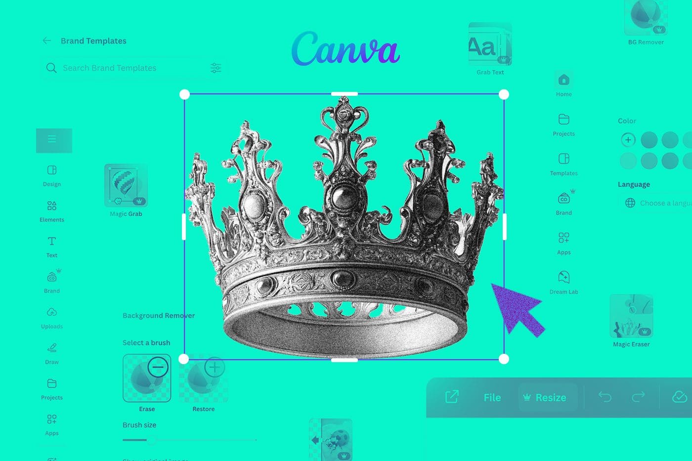 A digital collage-style image featuring a Canva interface with a bright turquoise background. A detailed, ornate black-and-white crown is prominently placed in the center, with selection handles around it, indicating it is being edited. A large purple cursor points toward the crown, emphasizing interaction. Various Canva tools and options, such as 'Magic Grab' and 'Background Remover,' are visible on the left sidebar.