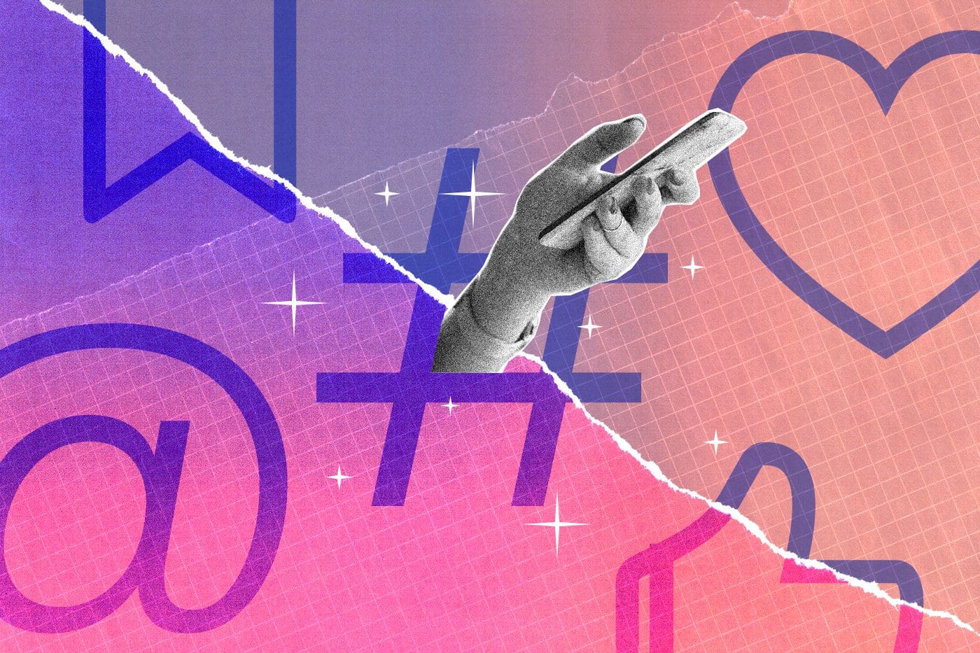 Collage-style digital illustration of a hand holding a smartphone, surrounded by social media icons like a hashtag, heart, at symbol, and bookmark. The background features a torn paper effect with a gradient of purple, pink, and orange hues, symbolizing digital engagement and connection. This image represents social media marketing, particularly for nonprofits looking to expand their online presence.