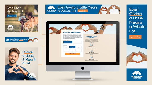 A collection of digital marketing materials for Metropolitan Ministries, featuring the theme 'Even Giving a Little Means a Whole Lot.' Includes web banners, social media posts, and a donation landing page with images of people forming heart shapes with their hands and messaging focused on small acts of giving making a big impact.