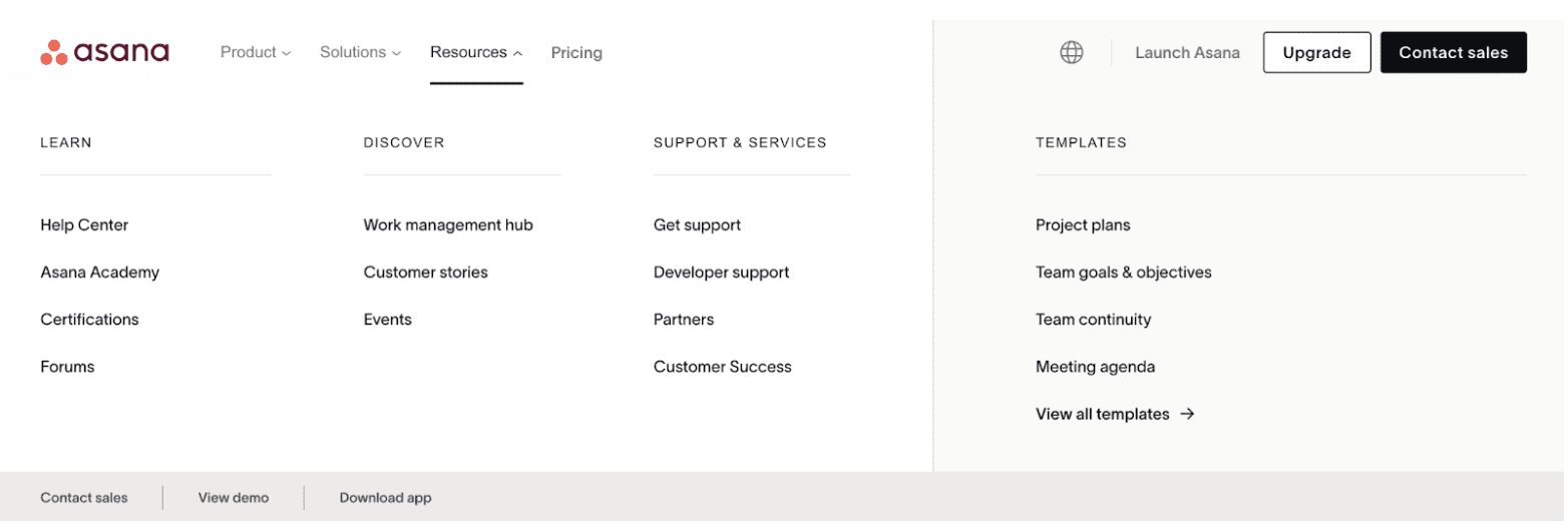 Mega Menu on the Asana website