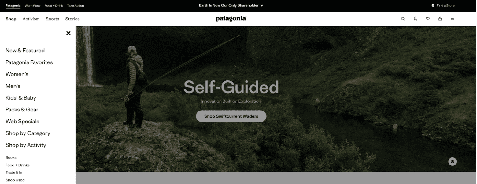 Sidebar Navigation on the Patagonia website
