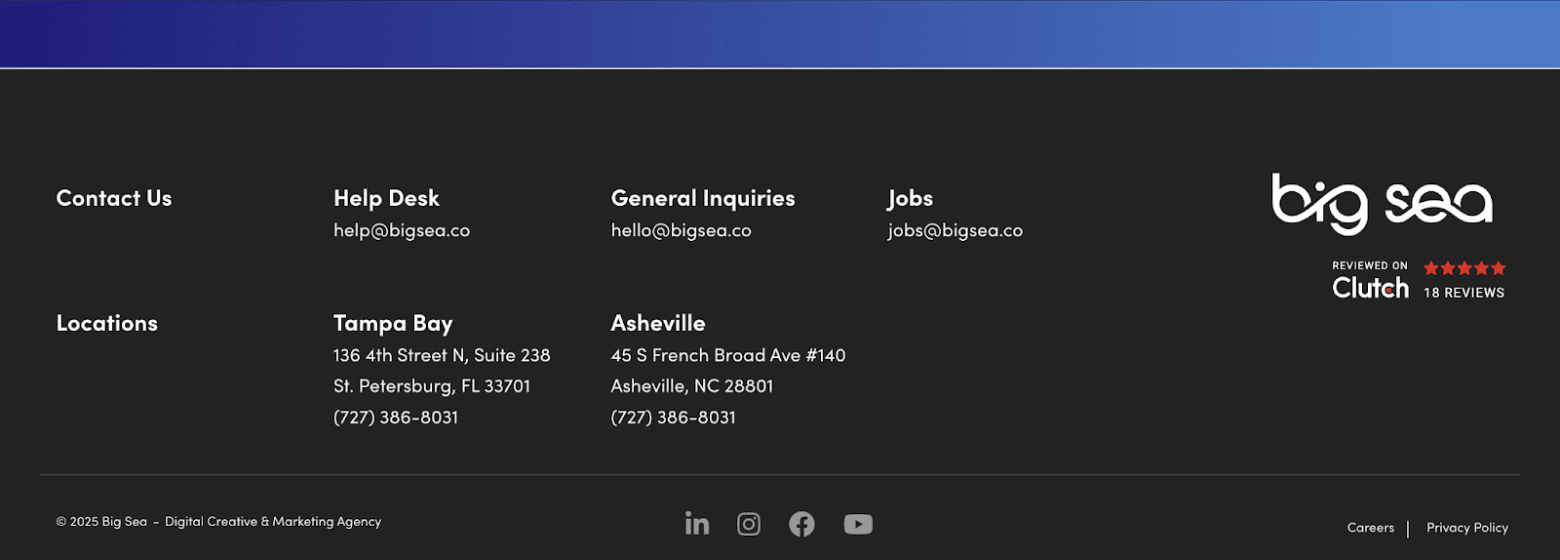 Footer Navigation example on the Big Sea website