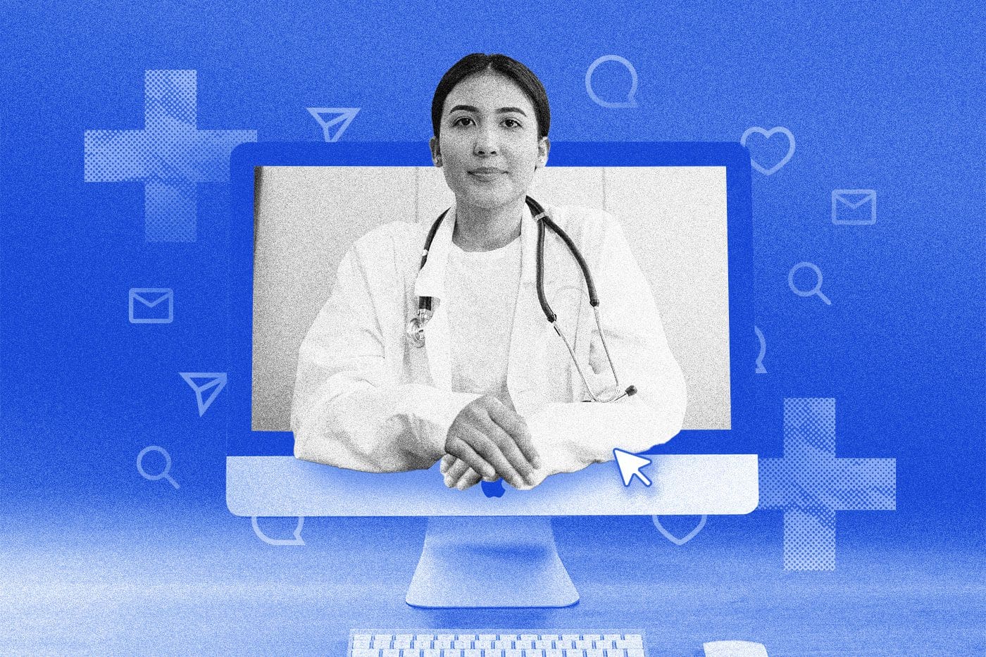 Stylized collage featuring a doctor emerging from a computer screen to represent healthcare marketing