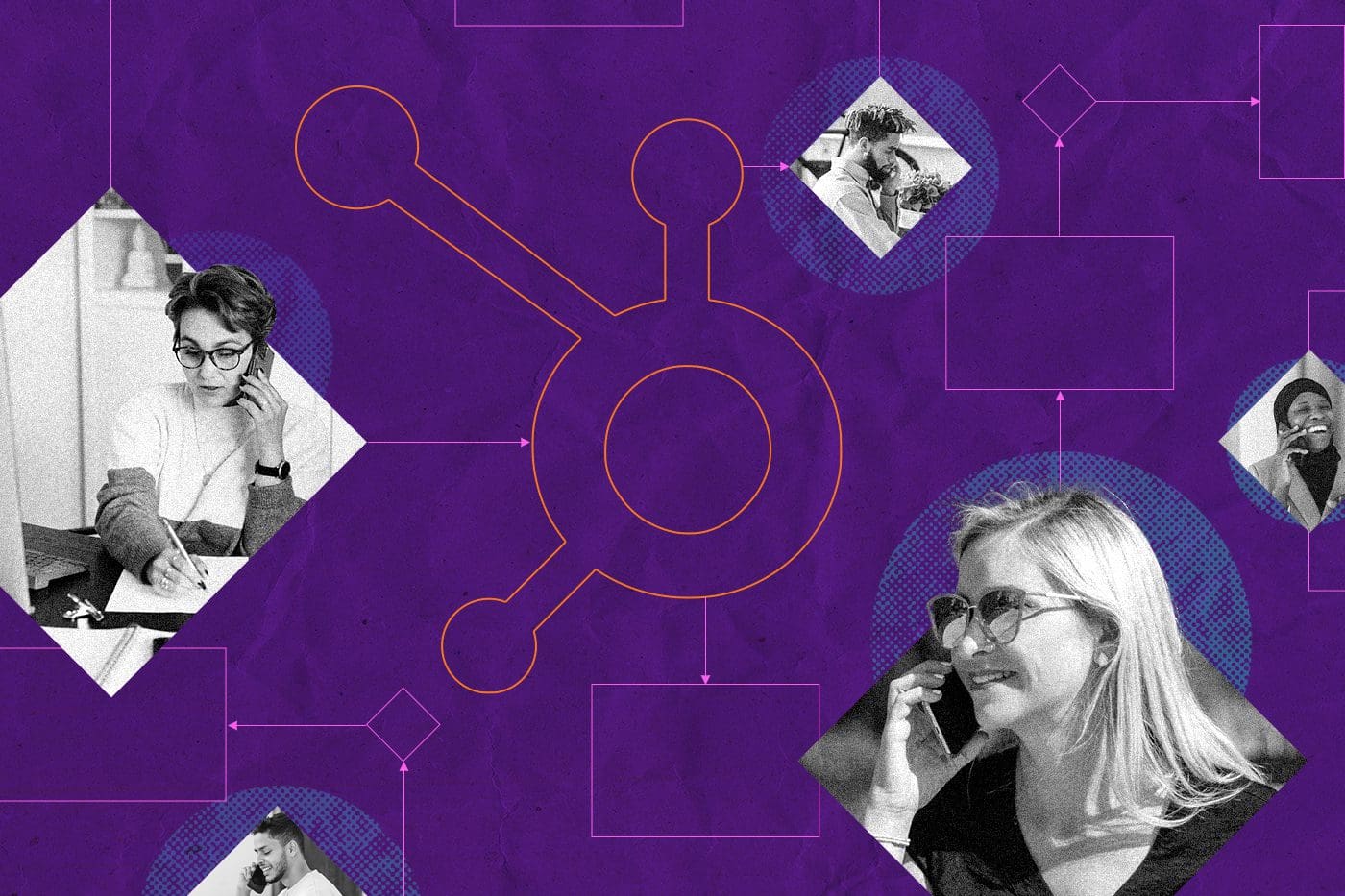 A stylized digital illustration featuring the HubSpot logo at the center, connected by arrows and flowchart elements to various black-and-white images of people engaged in phone conversations. The background is deep purple with a textured design, representing a network or workflow. This visual conveys communication and relationship management, aligning with the topic of building a lapsed donor workflow in HubSpot.