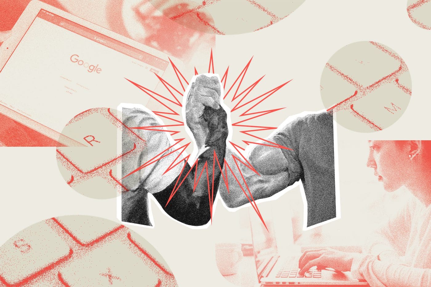 A colorful collage-style digital illustration featuring two muscular arms locking hands in a powerful handshake with red energy lines radiating from the center. Surrounding elements include a Google search page on a tablet, a person typing on a laptop, and scattered images of keyboard keys, blending technology and strength in a creative, dynamic composition.