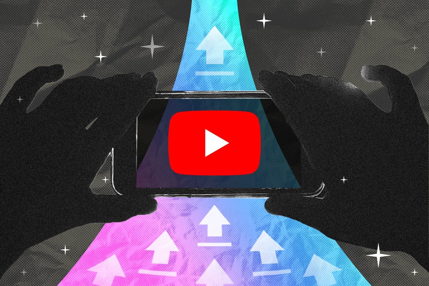 A stylized digital illustration of a person holding a smartphone horizontally, displaying the YouTube play button. Colorful arrows in blue and pink point upward from the phone, symbolizing video uploads. The dark background has a cosmic theme with stars and sparkles.