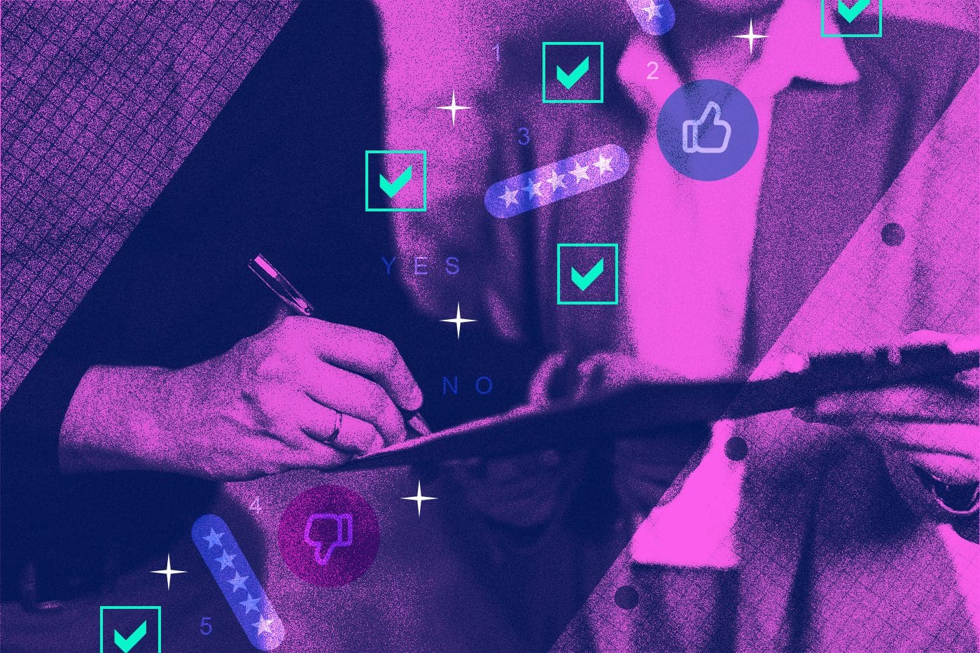 Stylized image of a person filling out a survey on a clipboard, overlaid with digital icons like check marks, star ratings, and thumbs up/down, symbolizing feedback and survey responses. The image uses a vibrant pink and purple color scheme.