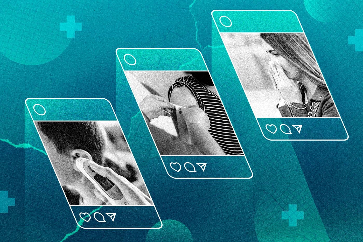 Illustration of three stylized social media posts featuring black-and-white health-related images: a person using an ear thermometer, someone receiving a vaccine, and a woman sneezing into a tissue. The background is teal with medical cross icons and subtle digital textures, representing the intersection of healthcare and social media.