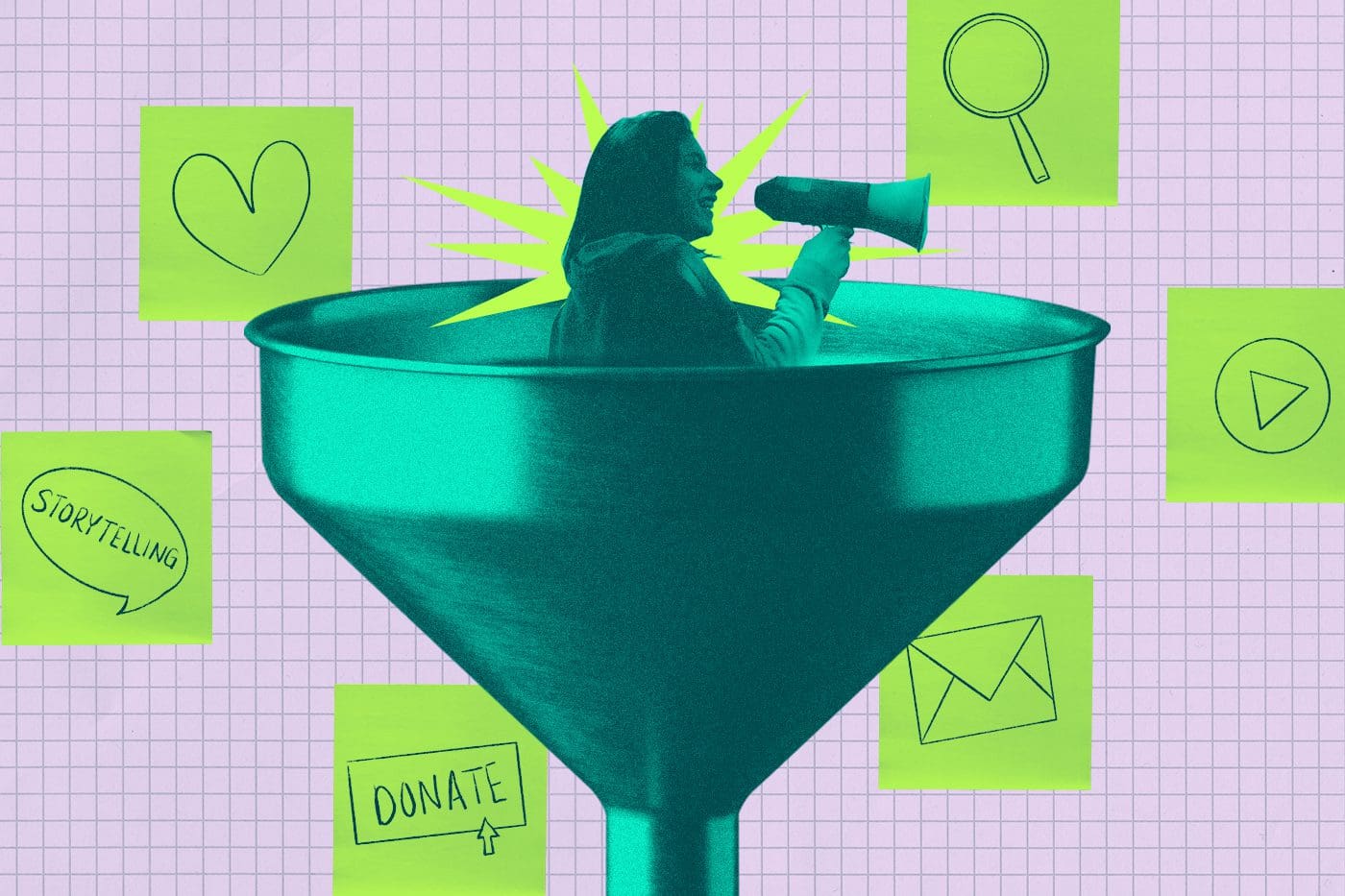 A digital collage of a woman with a megaphone emerging from a large funnel, symbolizing marketing strategy. The background features a grid pattern with green sticky notes showing icons and words like 'STORYTELLING' and 'DONATE,' representing engagement and communication.