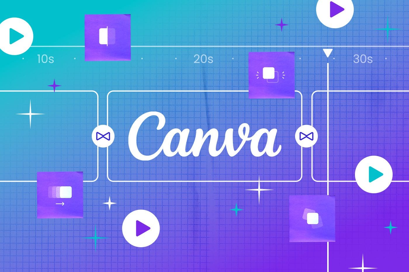 Illustration showcasing Canva's video editor and animation tools, featuring a stylized timeline with play icons, video editing symbols, and the Canva logo in the center, all set against a vibrant blue-to-purple gradient background.
