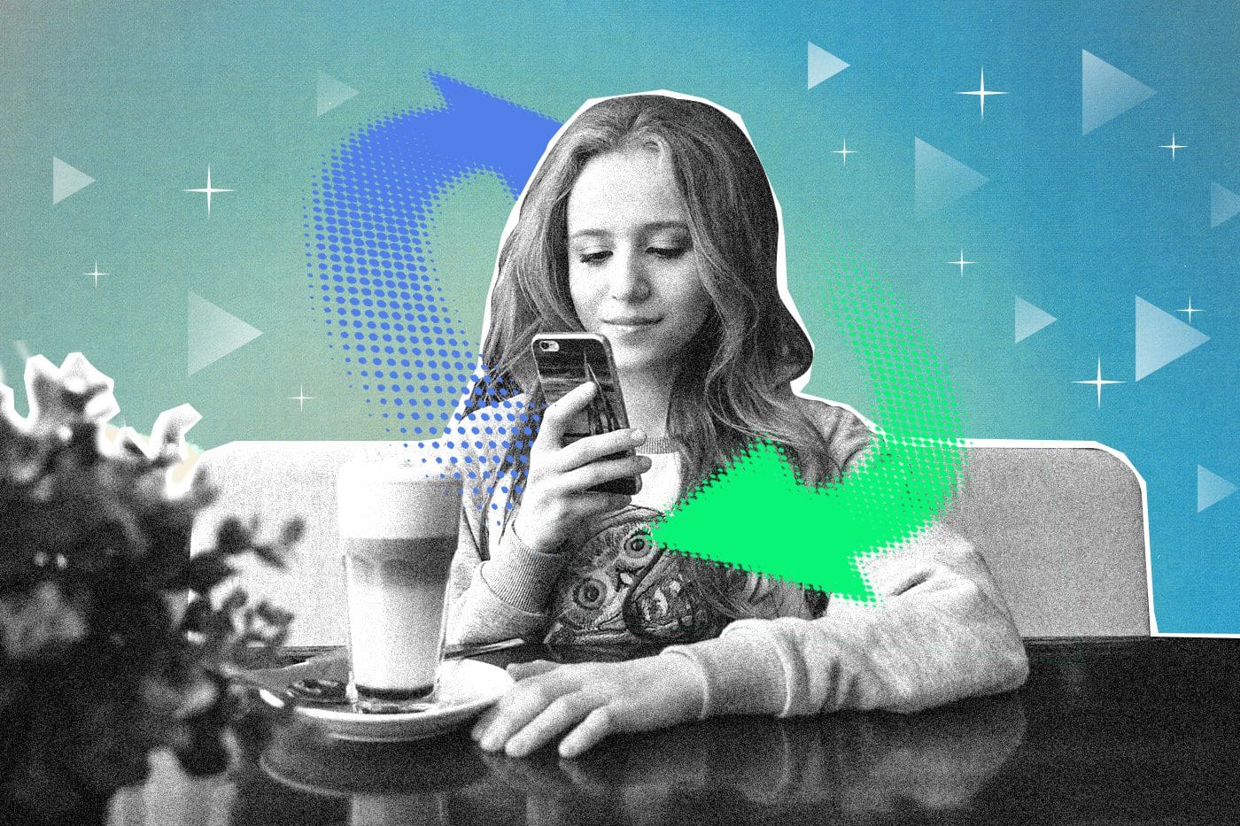 Stylized image of a young woman looking at her phone with a latte on the table, surrounded by digital arrows and play icons, representing engagement with short-form video content.