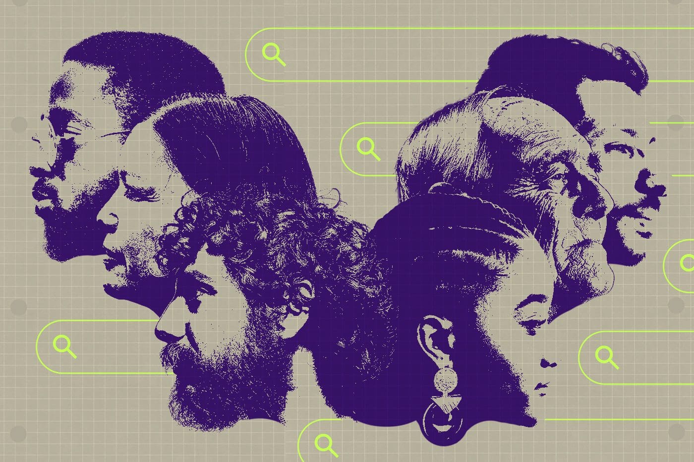 Collage of diverse people’s profiles overlaid with search bar graphics, symbolizing user-focused content discovery and audience targeting in a digital marketing context.