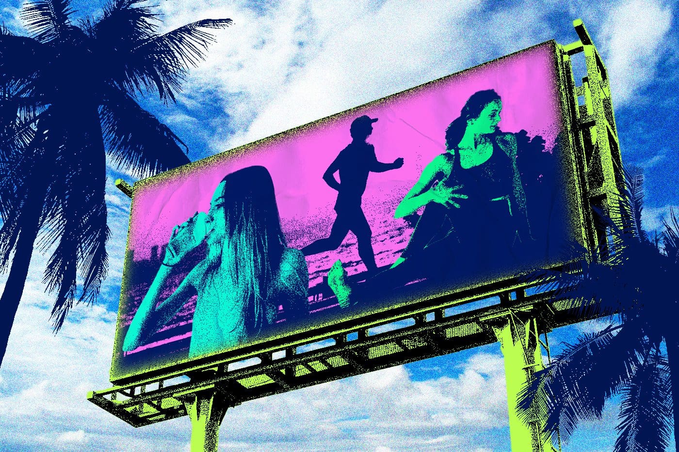 Stylized billboard featuring vibrant, neon-toned images of people engaging in wellness activities—drinking water, running, and stretching—set against a tropical sky with palm trees, symbolizing dynamic health and wellness marketing.