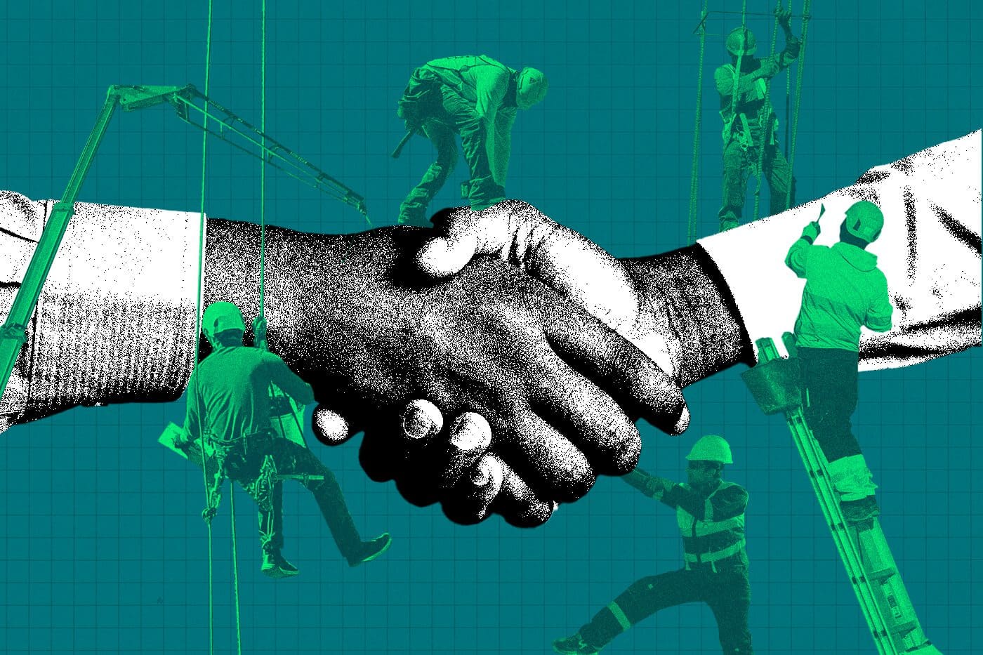 Collage-style image of a handshake symbolizing partnership and trust, surrounded by workers climbing and suspended on ropes, representing the effort and collaboration involved in building strong nonprofit donor relationships.