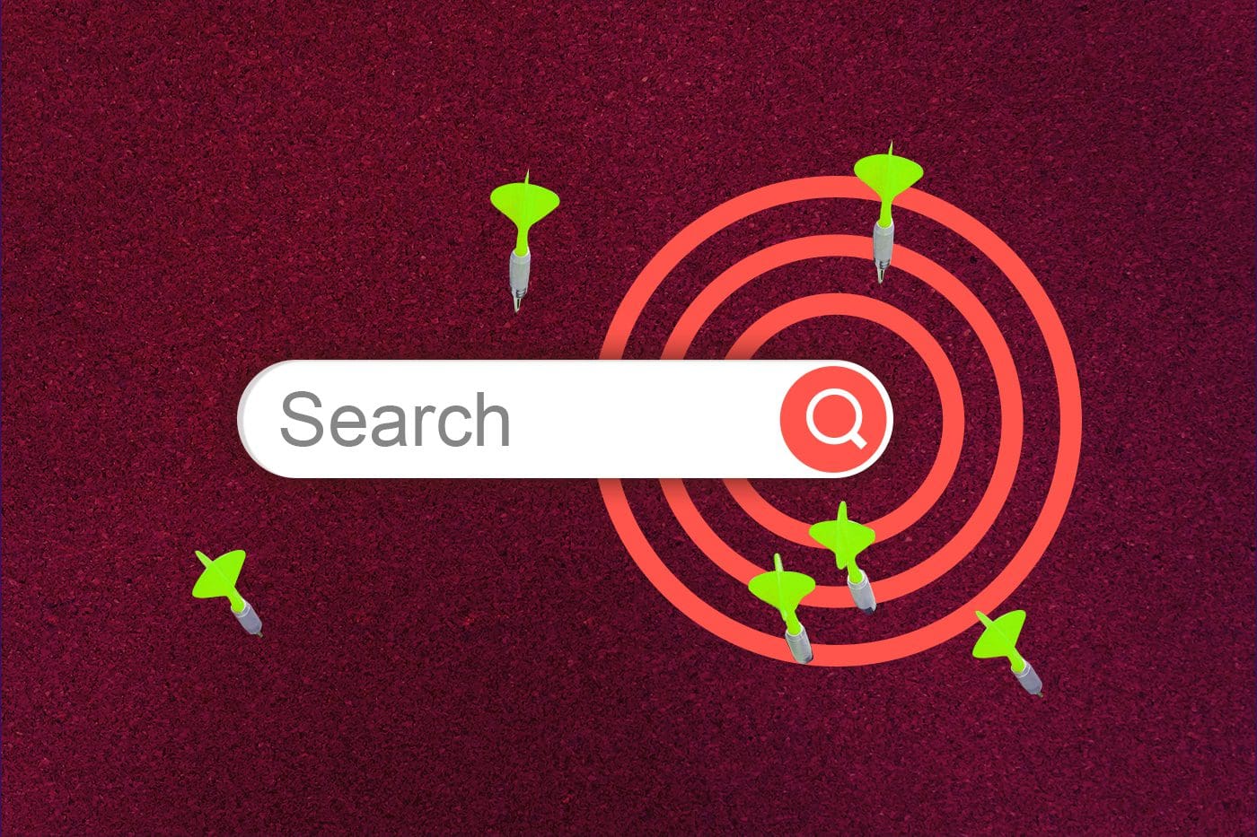 Search bar graphic with a red target and green darts on a red textured background, symbolizing precision and strategy in developing an effective SEO content plan.