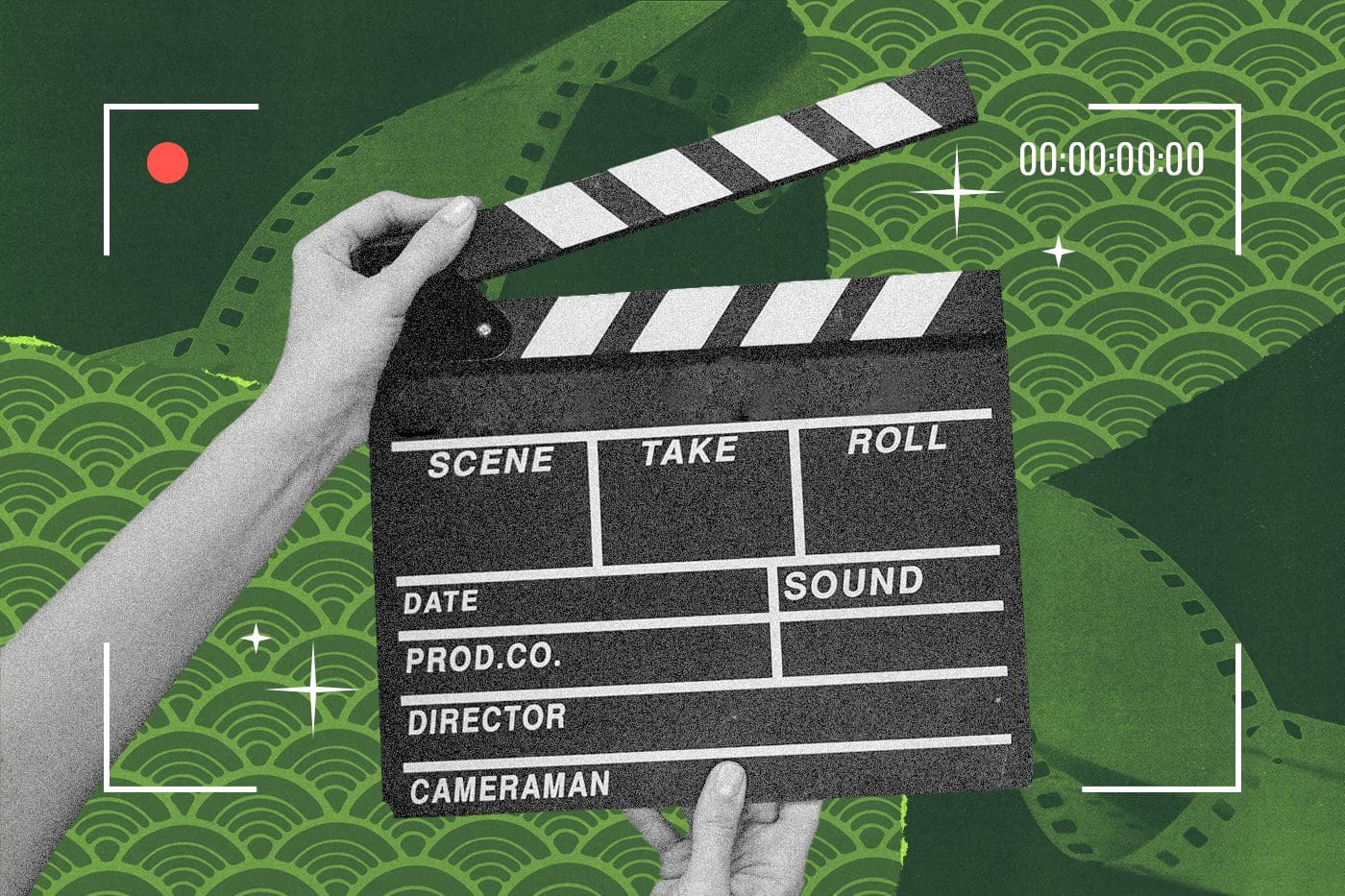 A pair of hands holding a black-and-white film clapperboard against a vibrant green patterned background with film strips and camera viewfinder graphics. The image evokes video production and DIY filmmaking, supporting the blog post titled “Beginner Tips for DIY Video Marketing.”