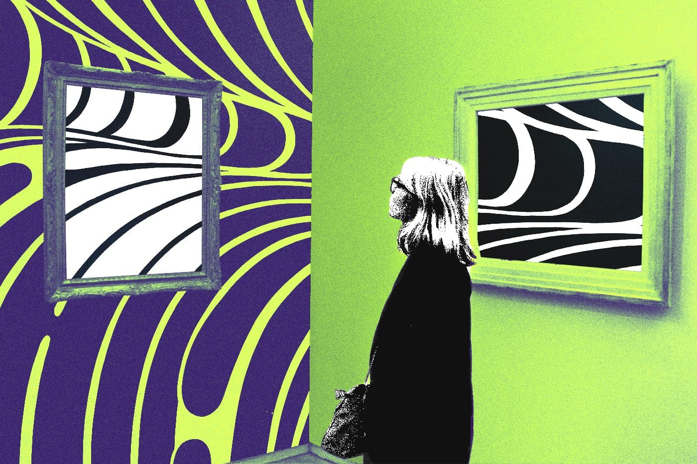 A woman looking at art in a museum drawn in by museum marketing.