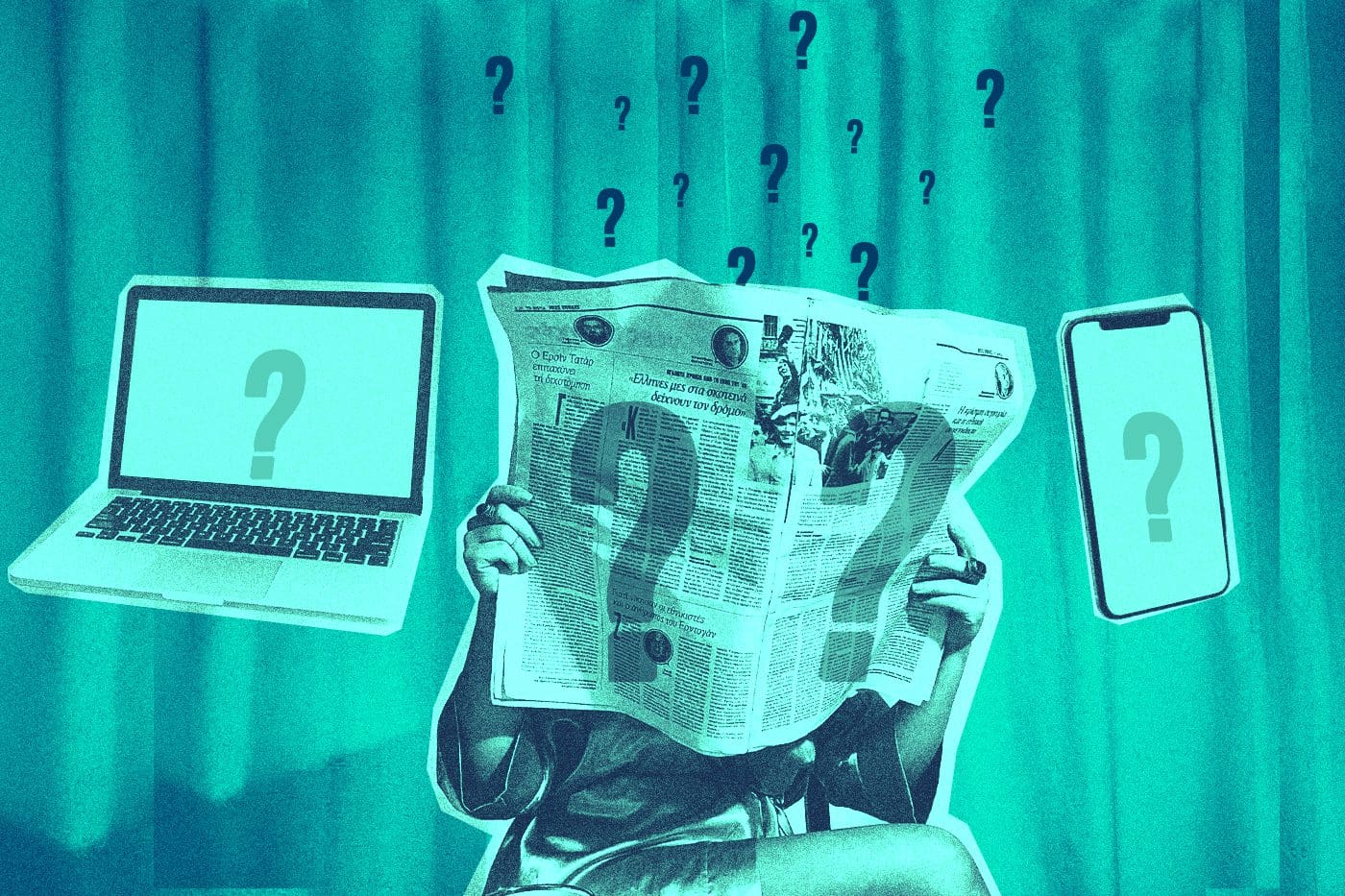 Confused person surrounded by a laptop, newspaper, and smartphone with question marks, representing uncertainty about nonprofit communications strategy and the need for a consultant or agency.