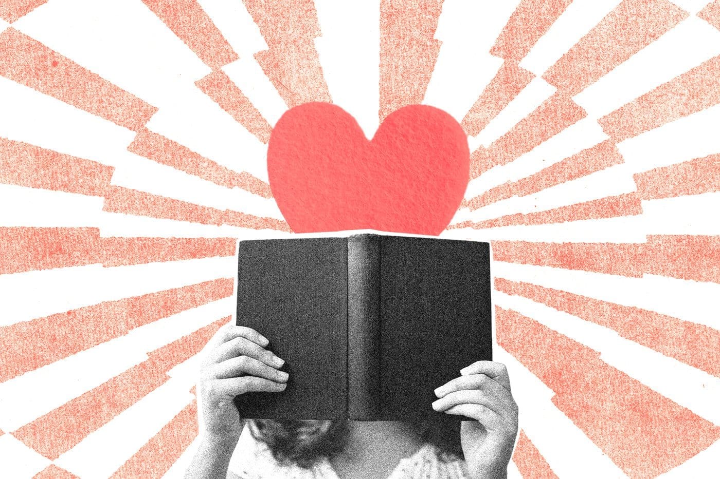 Collage-style illustration of a person holding an open book that obscures their face, with a large red heart above the book and radiating red lines in the background, symbolizing the emotional impact of storytelling.