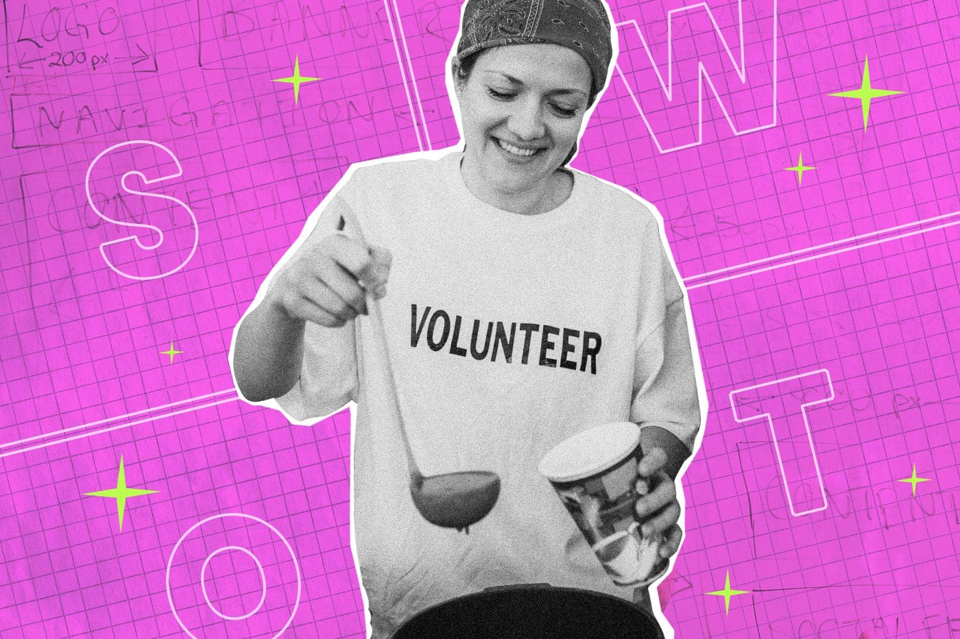 Smiling volunteer ladling food into a cup, representing nonprofits supporting homeless communities, with bright graphic design elements in the background.