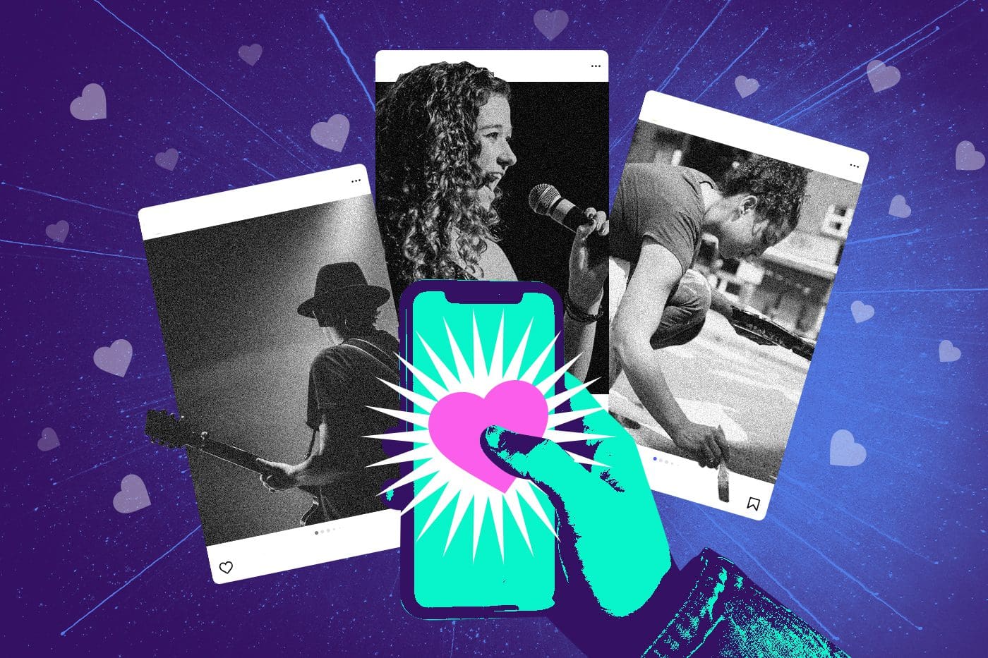 Collage-style graphic of a hand holding a phone with a glowing heart icon, surrounded by social media posts featuring a guitarist, a singer, and a painter, set against a vibrant purple background with heart icons—symbolizing social media engagement for artists and creatives.