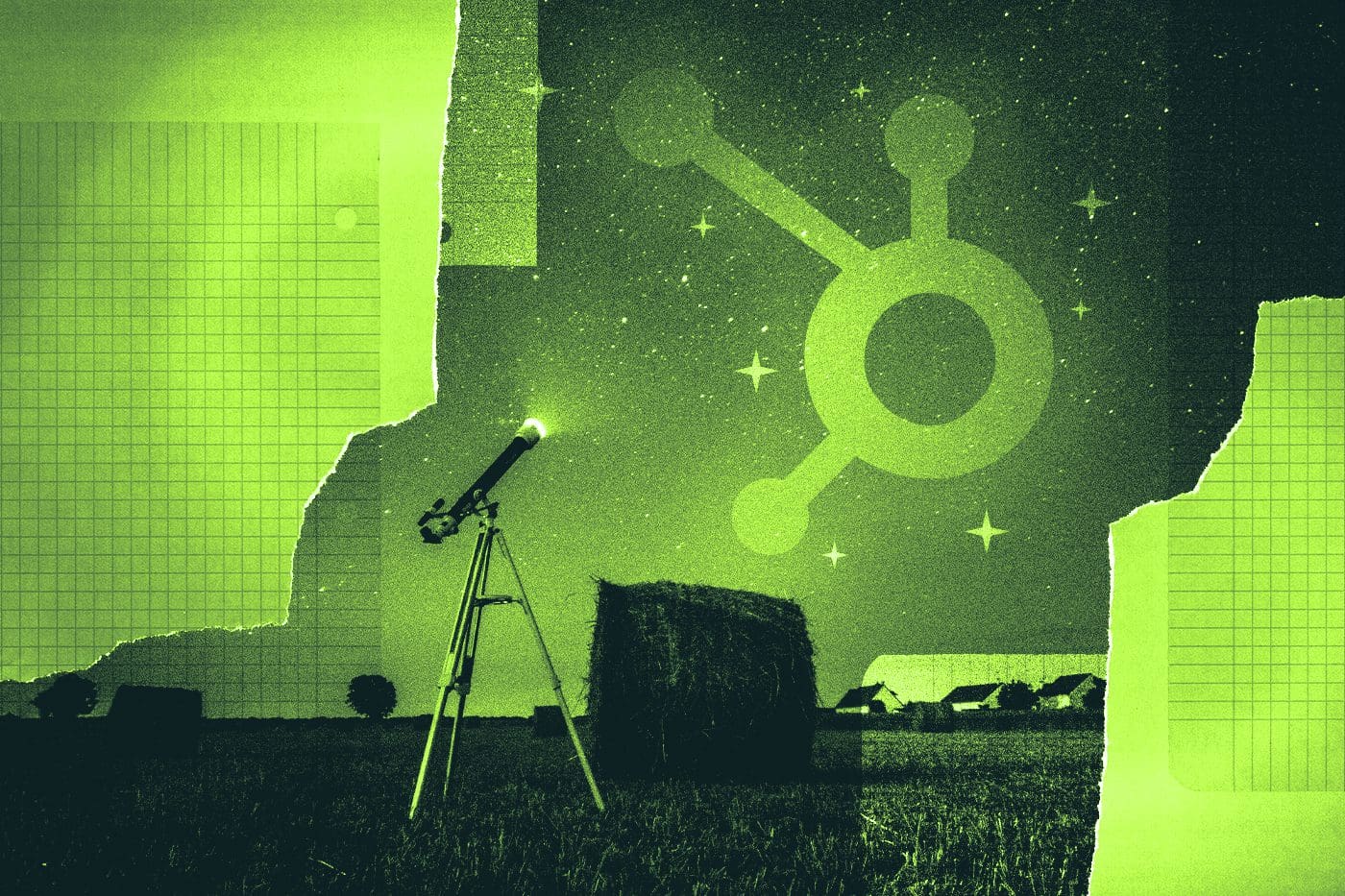 Stylized, green-toned collage showing a telescope pointed at a starry sky with the HubSpot logo among the stars; set in a rural field with hay bales and distant buildings, overlaid with torn paper and graph textures.