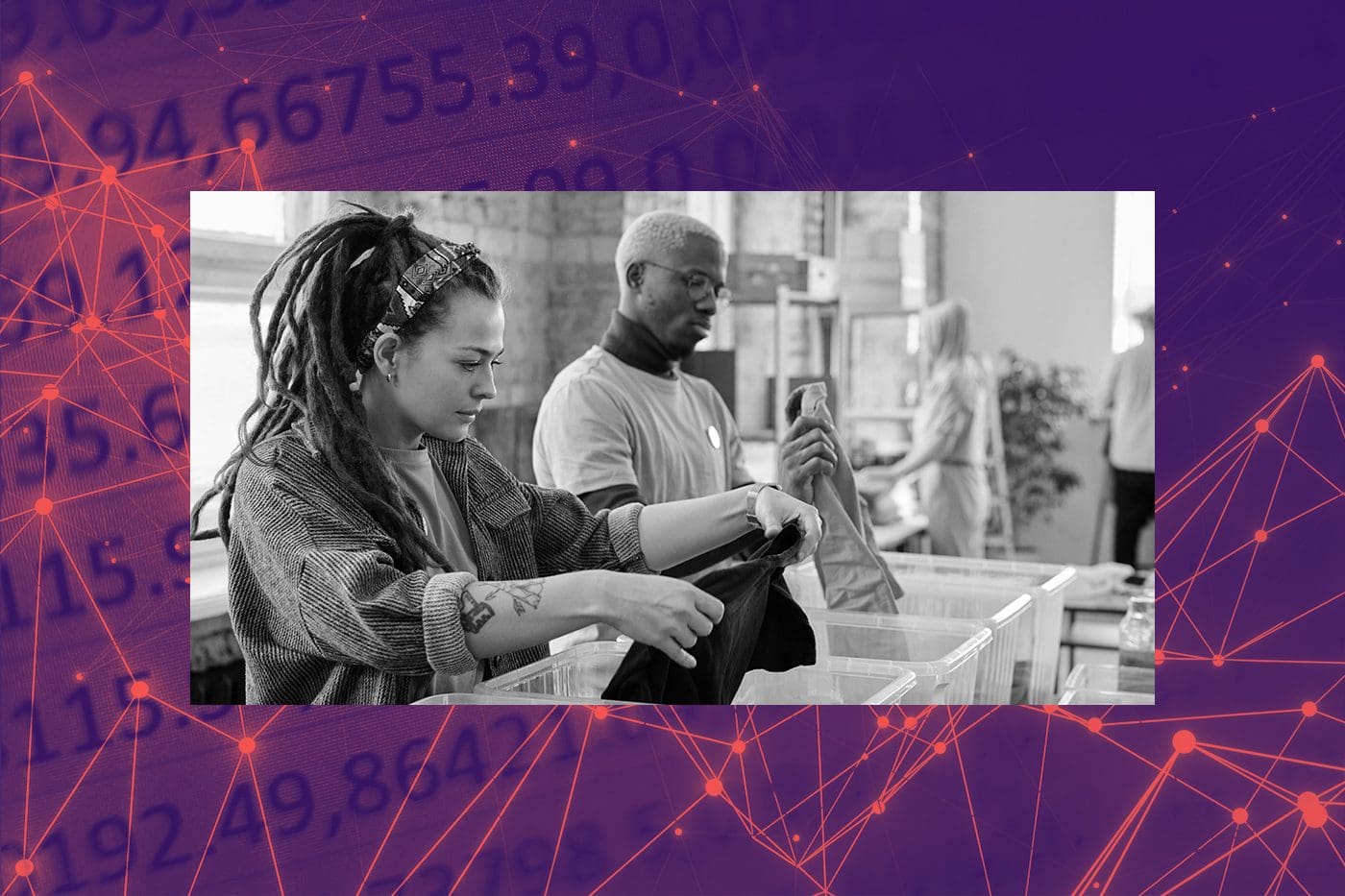 Volunteers sorting donated clothes in a nonprofit workspace, symbolizing community action and impact, overlaid on a digital background with data points and network lines representing analytics and data-driven strategy.