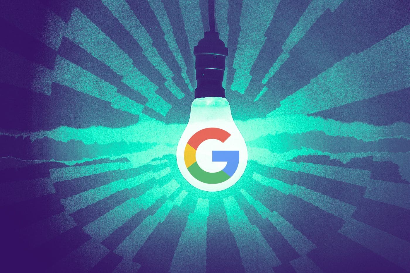 Illustration of a glowing lightbulb with the Google logo inside, radiating teal and blue beams of light, symbolizing bright ideas and guidance for Google Ad Grants support.