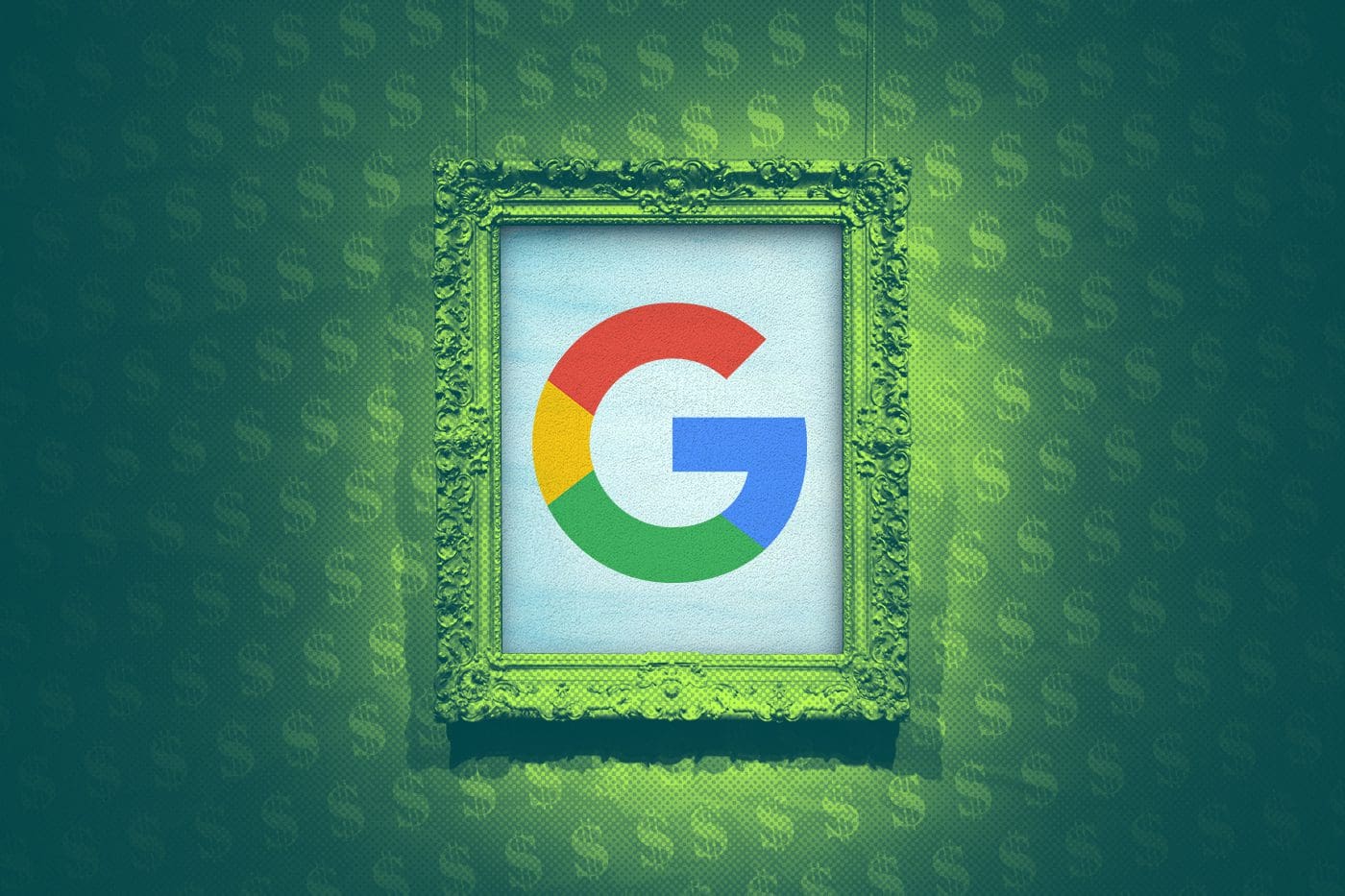 Illustration of the Google logo framed in ornate green artwork against a green background patterned with dollar signs, representing funding and financial optimization.