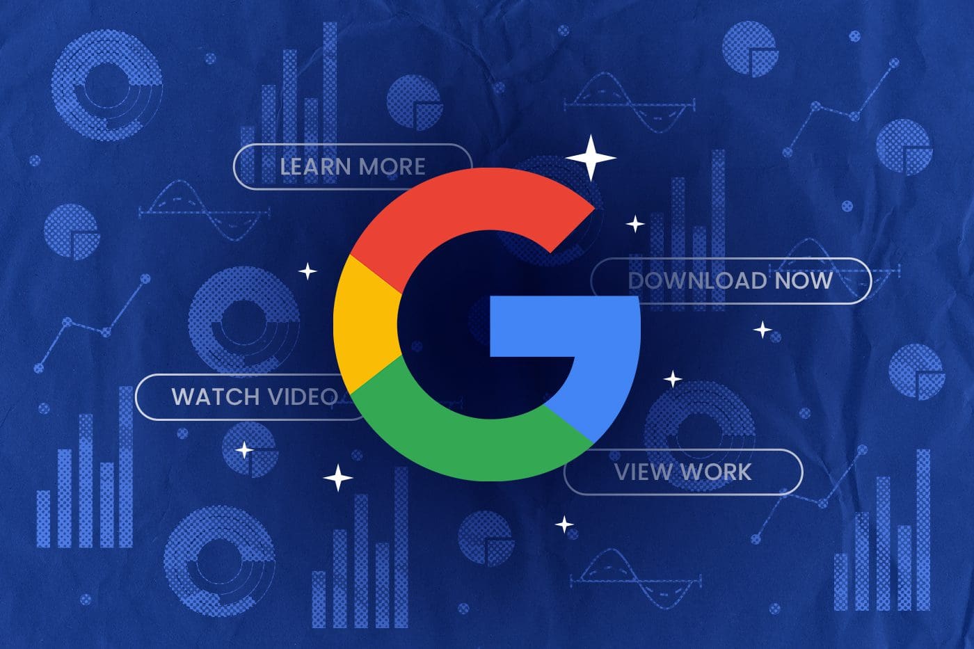 Google logo on a blue background with charts and graphs, alongside call-to-action buttons reading Learn More, Download Now, Watch Video, and View Work, representing maximizing the Google Ad Grant for research nonprofits.
