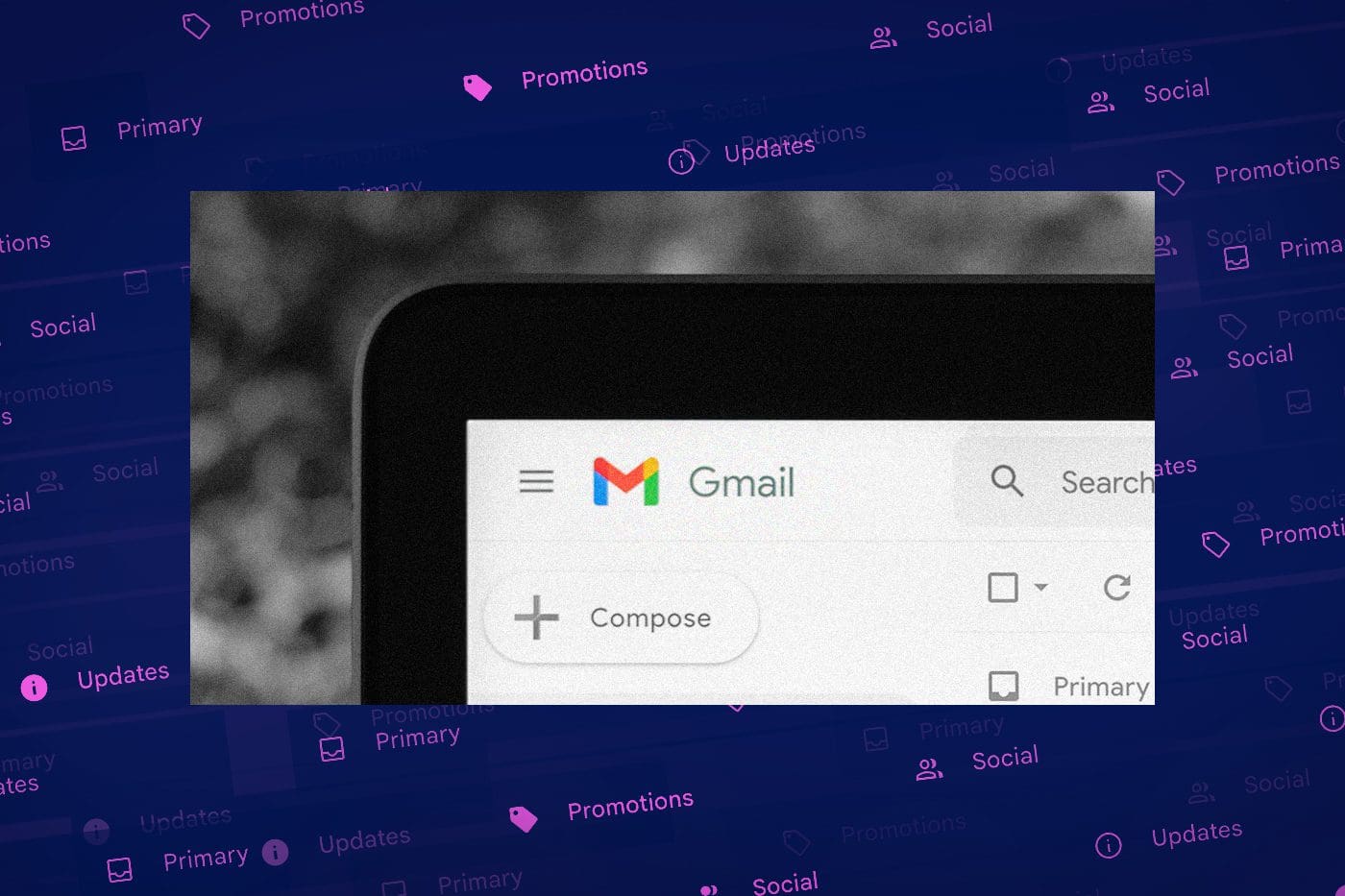 Close-up of the Gmail interface showing the inbox menu and Compose button, overlaid on a background of blurred Gmail tab labels like Primary, Social, and Promotions—illustrating upcoming Gmail changes that may affect nonprofit year-end email campaigns.