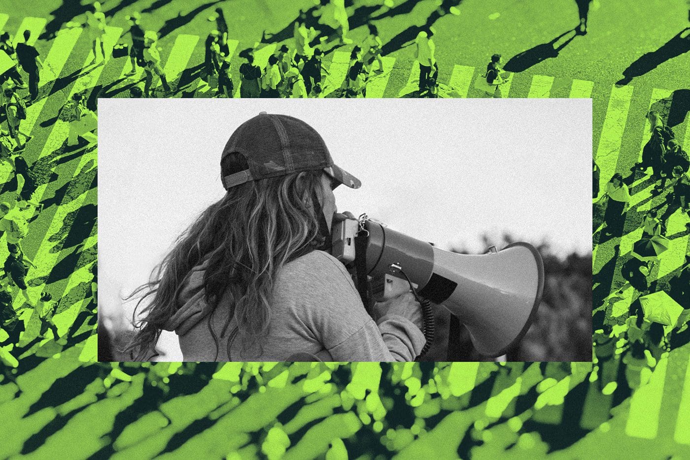 Black-and-white photo of a person speaking into a megaphone at an outdoor gathering, overlaid on a bright green, high-contrast background showing a crowd moving across a crosswalk—symbolizing collective action and effective nonprofit communication.