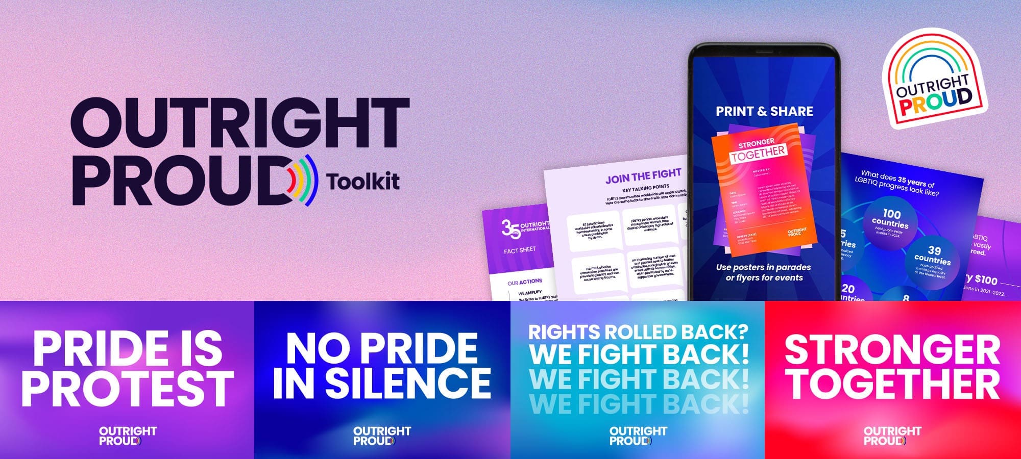 A variety of Outright Proud campaign material, including shown on a mobile device