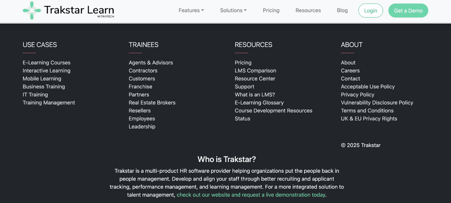Screenshot of a website footer showing how tidy and effective it is for SEO