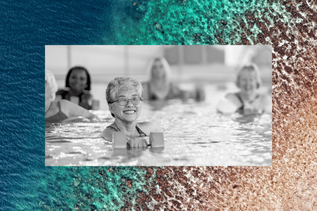 Black-and-white photo of senior women participating in a water aerobics class at a community pool, overlaid on a vibrant aerial ocean background—representing community healthcare centers promoting wellness and preventative care.