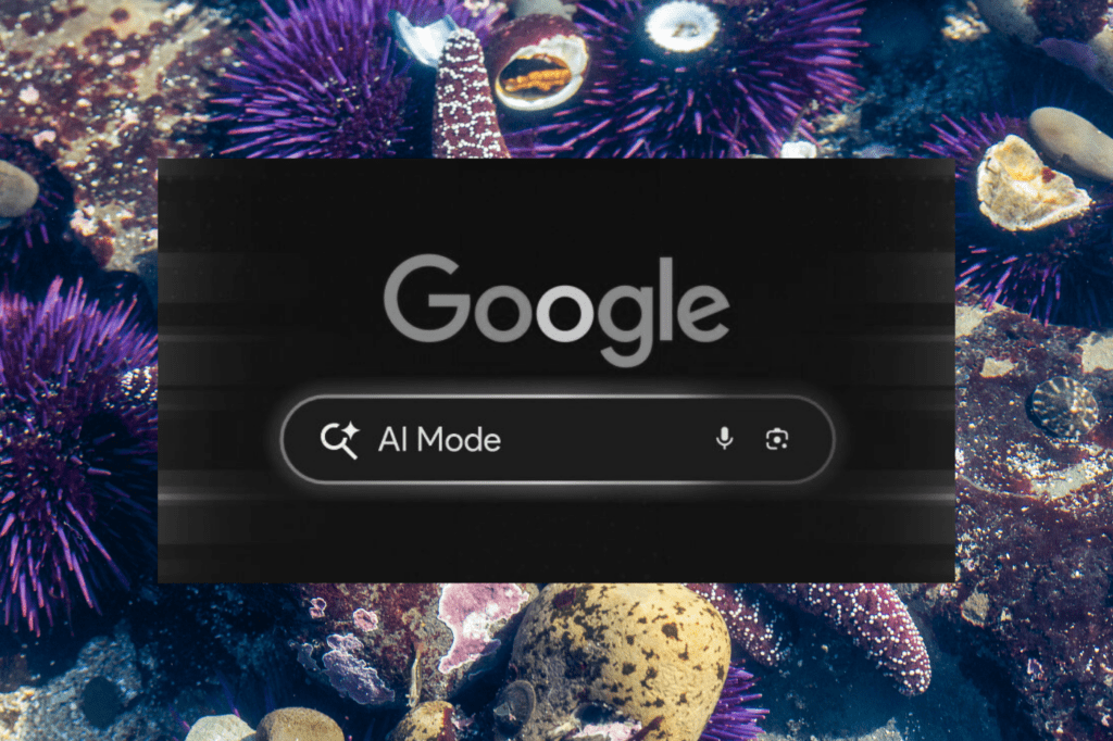 Google Search AI Mode interface displayed over a vibrant ocean reef background, illustrating how B2B organizations must adapt their SEO and content strategies to stay visible in AI-powered search results.