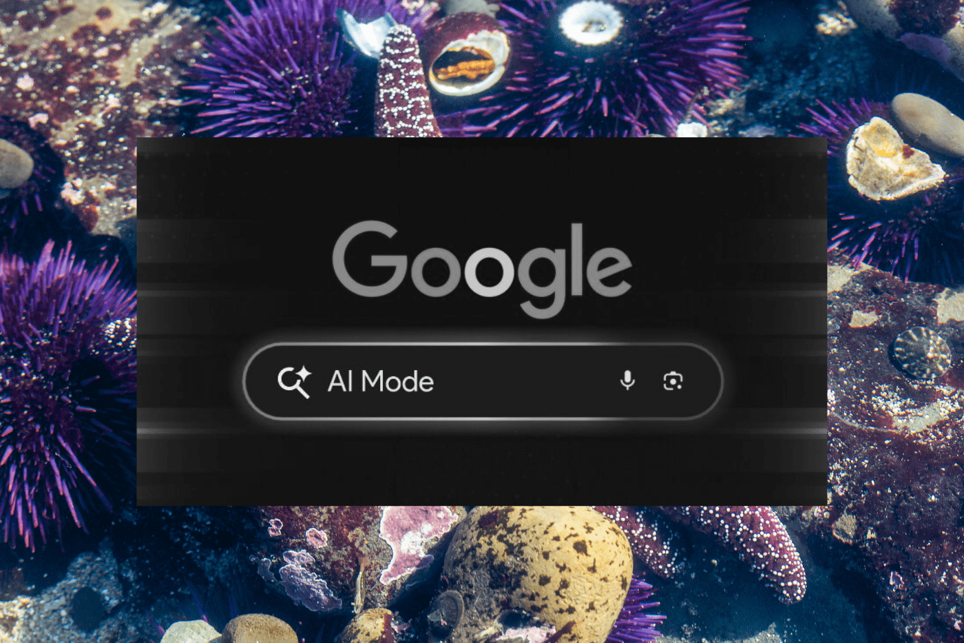 Google Search AI Mode interface displayed over a vibrant ocean reef background, illustrating how B2B organizations must adapt their SEO and content strategies to stay visible in AI-powered search results.