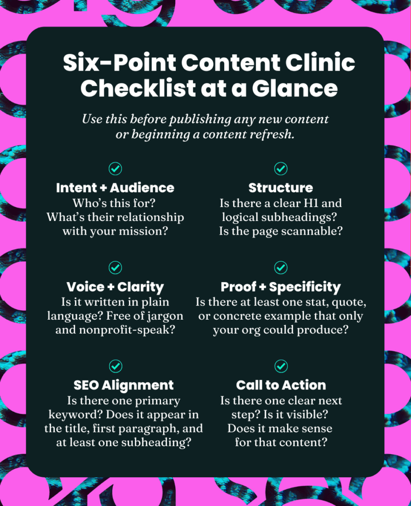 A graphic explaining the 6-point content clinic checklist at a glance