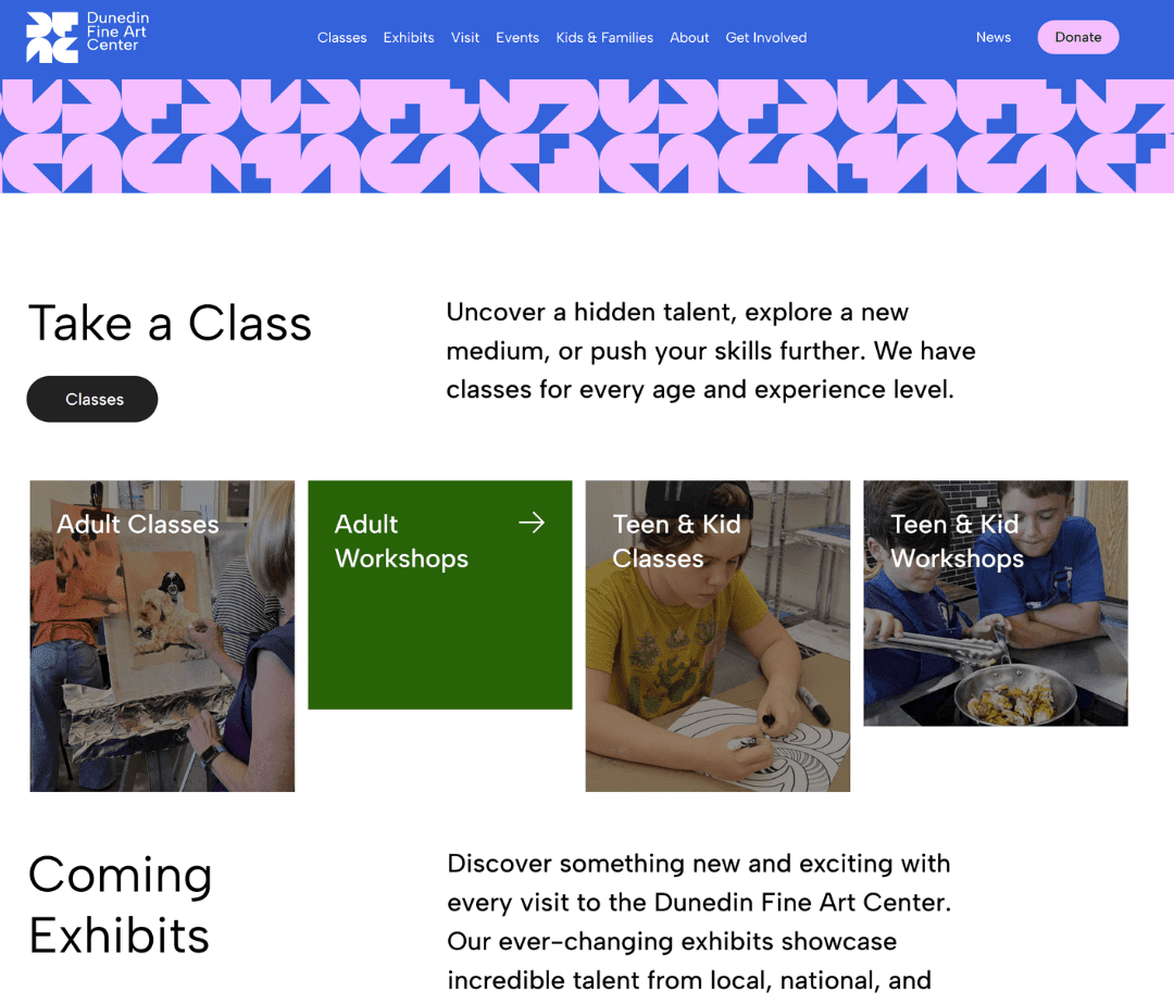 Sections on the Dunedin Fine Arts Center homepage: Take a Class, Coming Exhibits